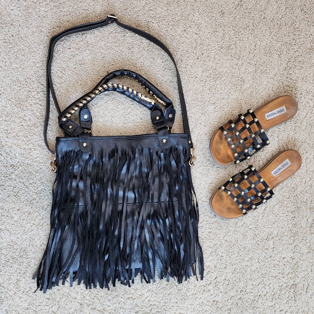 Steve Madden Brown Slide Sandals Black Gold Spheres Straps Size 9 + FREE BAG - Picture 7 of 10